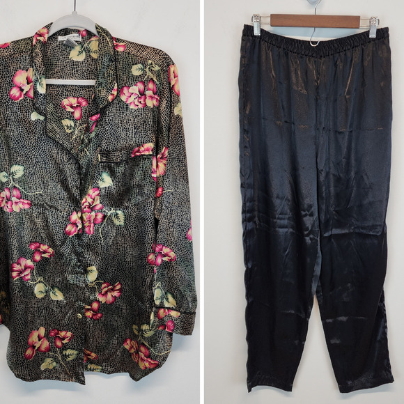 Vintage Ivy & Annabelle Floral Satin Pajama Set Size L Elastic Waist Pants - Picture 1 of 14